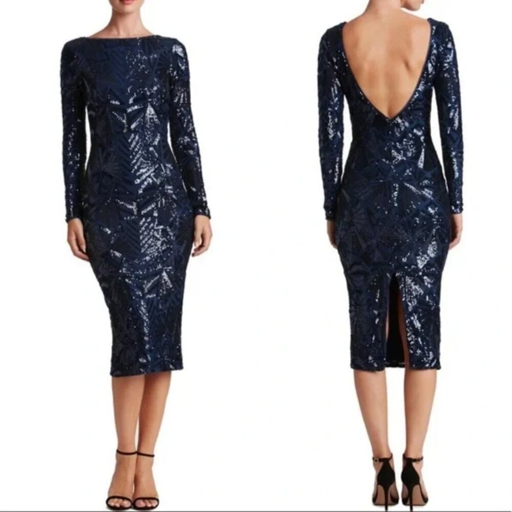 Dress the Population Women S Navy Blue Sequin Dress Long Sleeve Event Emery Prom